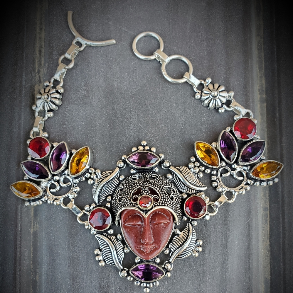 New Carved Goddess Face Multi Gemstone 925 Bracelet.